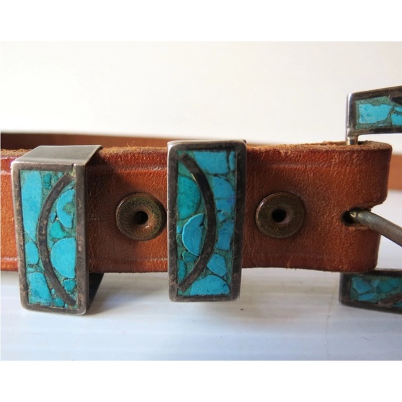 Sterling Silver w/ Inlaid Turquoise Belt Buckle Leather Belt 32" - Picture 5 of 7